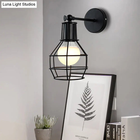 Industrial Style Rotatable Wall Sconce Lamp With Wire Guard - Globe Bedroom Light In Black