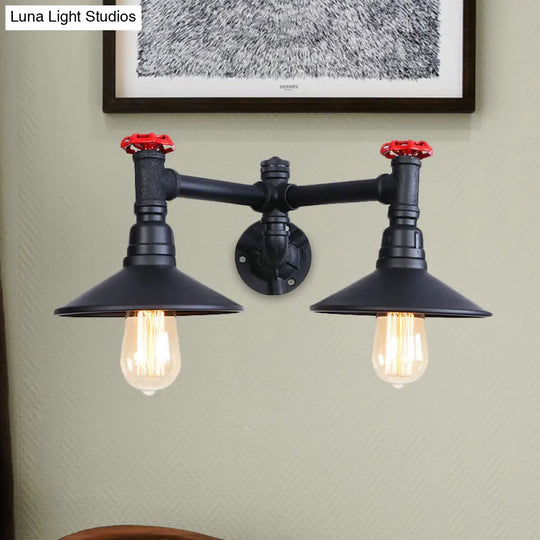 Industrial Style Sconce Light With Cone Shade Valve Wheel And Pipe In Black (2 Bulbs)