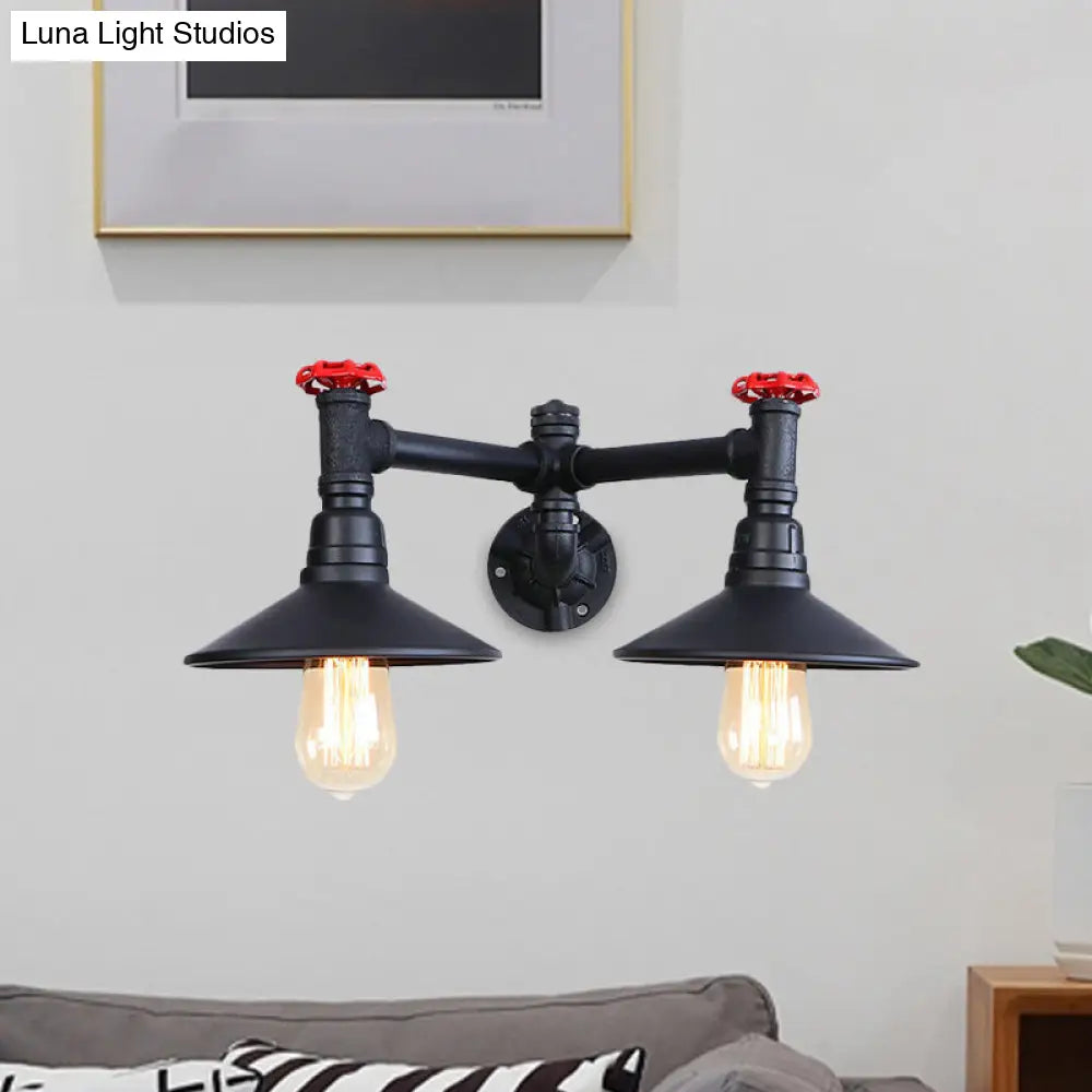 Industrial Style Sconce Light With Cone Shade Valve Wheel And Pipe In Black (2 Bulbs)