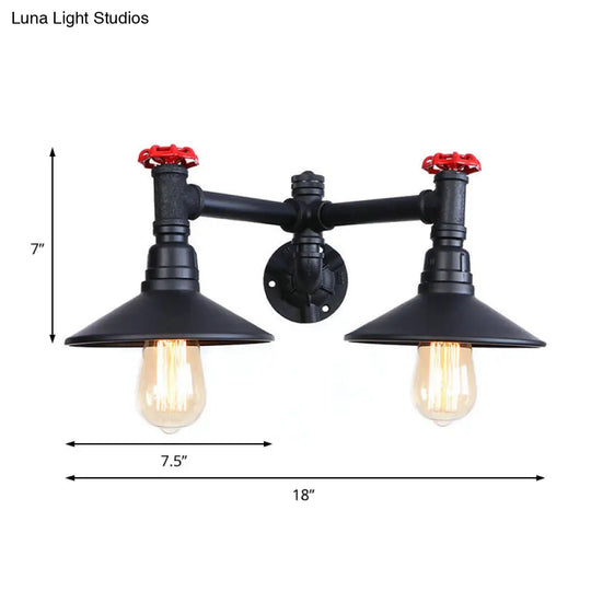 Industrial Style Sconce Light With Cone Shade Valve Wheel And Pipe In Black (2 Bulbs)