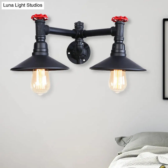 Industrial Style Sconce Light With Cone Shade Valve Wheel And Pipe In Black (2 Bulbs)