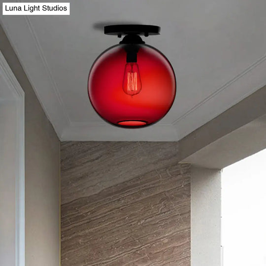 Industrial Style Semi-Flush Ceiling Light With Globe Shade In Red/Brown/Blue Glass For Dining Room