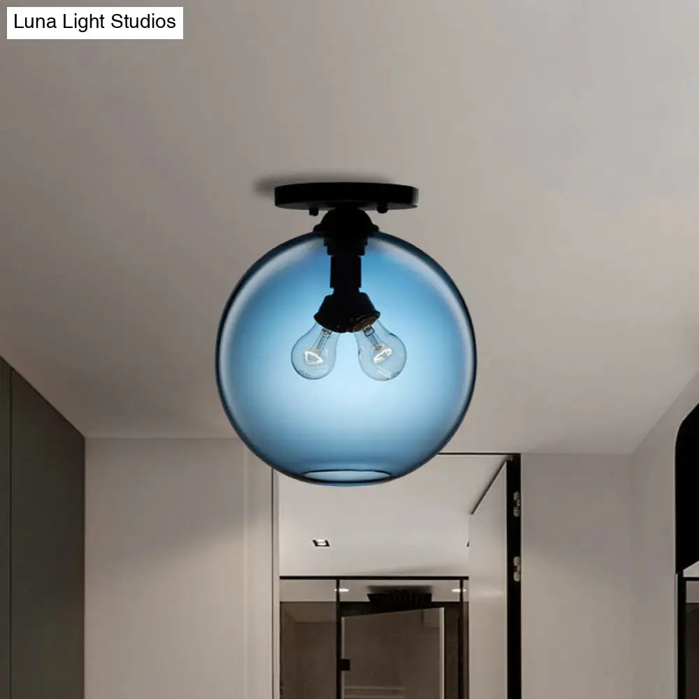 Industrial Style Semi-Flush Ceiling Light With Globe Shade In Red/Brown/Blue Glass For Dining Room