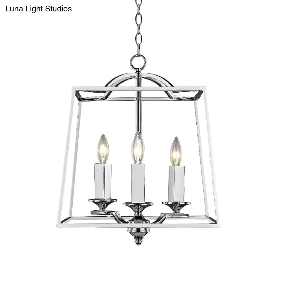 Industrial Style Silver Pendant Light With Polished Metal Cage - 3 Heads Trapezoid Design