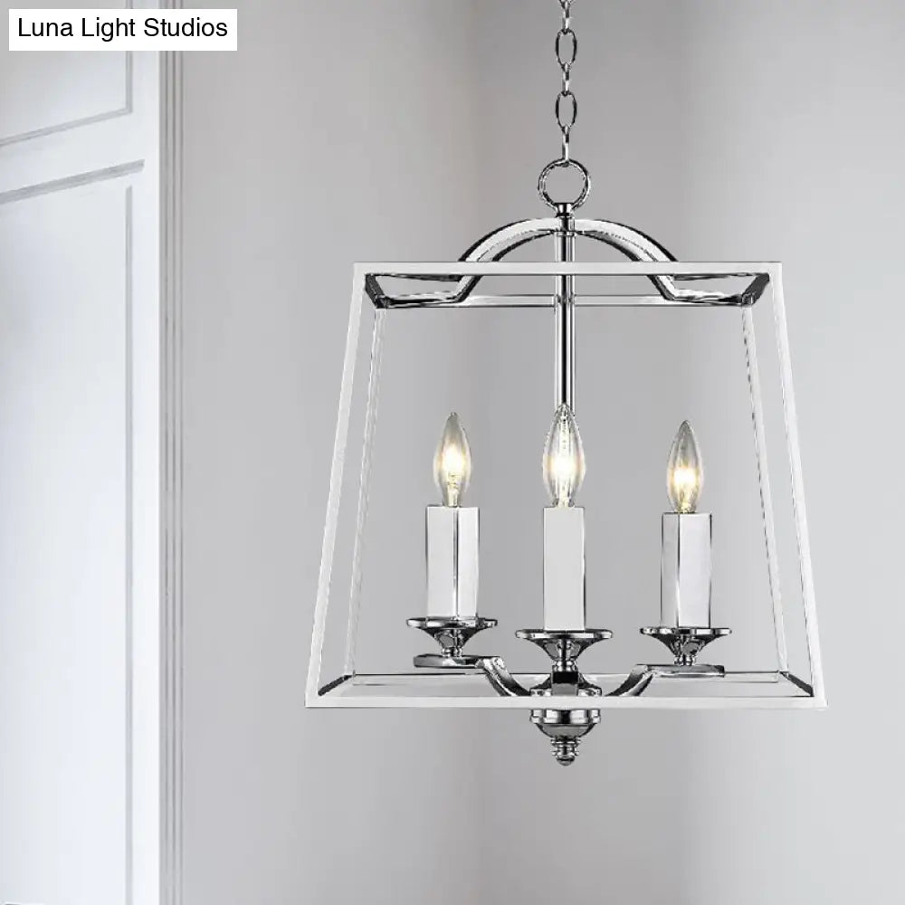 Industrial Style Silver Pendant Light With Polished Metal Cage - 3 Heads Trapezoid Design