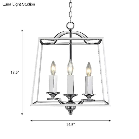 Industrial Style Silver Pendant Light With Polished Metal Cage - 3 Heads Trapezoid Design