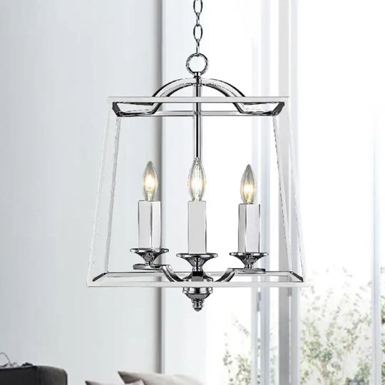 Industrial Style Silver Pendant Light With Polished Metal Cage - 3 Heads Trapezoid Design