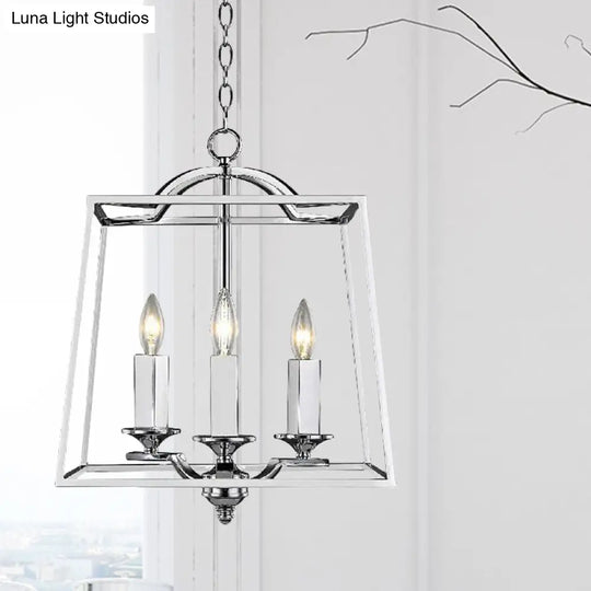 Industrial Style Silver Pendant Light With Polished Metal Cage - 3 Heads Trapezoid Design