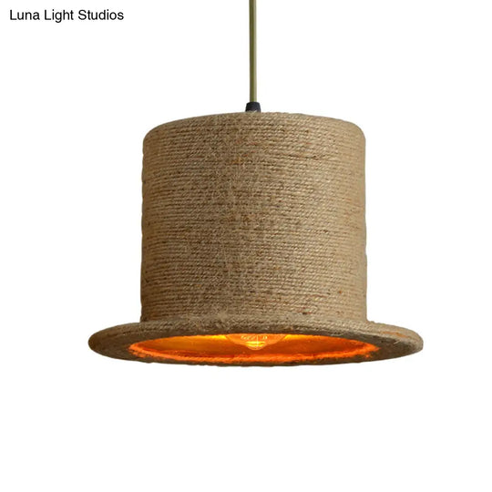 Industrial Style Single Ceiling Pendant Light In Brown With Shaded Hemp Rope