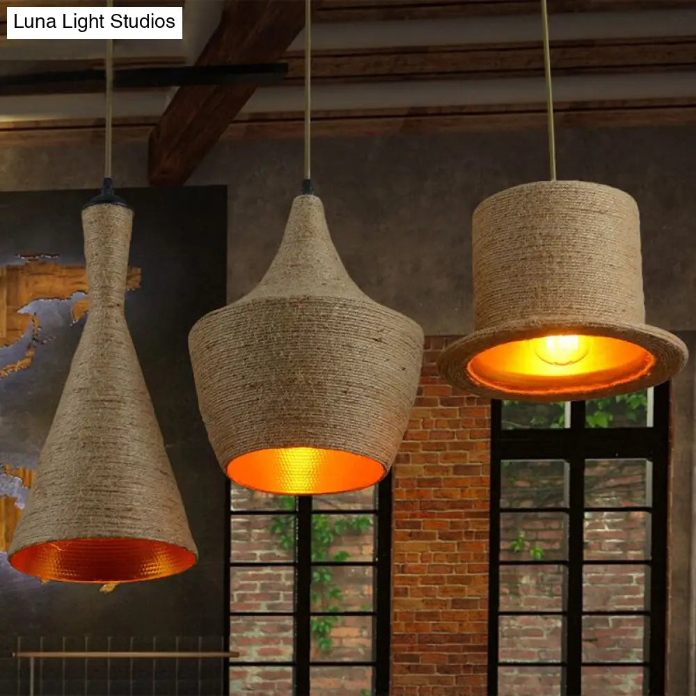 Industrial Style Single Ceiling Pendant Light In Brown With Shaded Hemp Rope