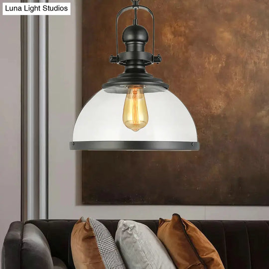 Industrial Style Single-Led Pendant Light: Black Clear Glass Lantern For Dining Room