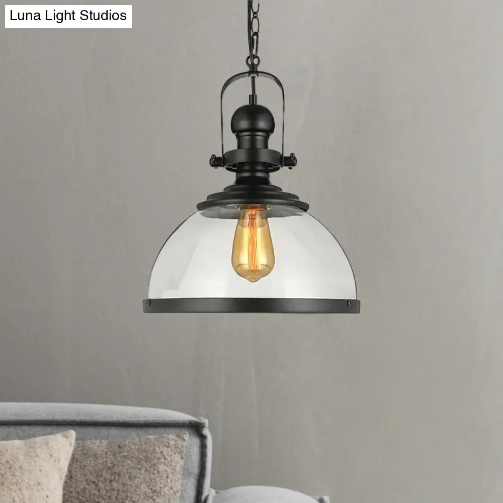 Industrial Style Single-Led Pendant Light: Black Clear Glass Lantern For Dining Room