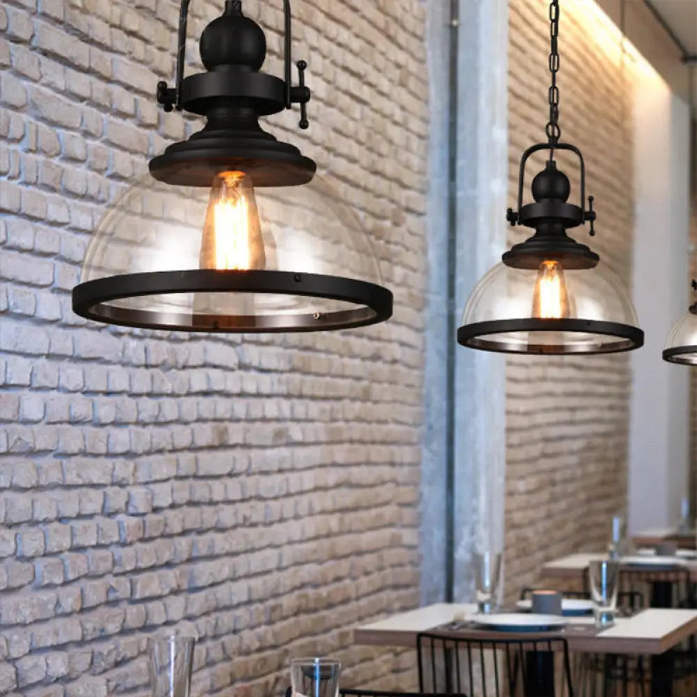Industrial Style Single-Led Pendant Light: Black Clear Glass Lantern For Dining Room