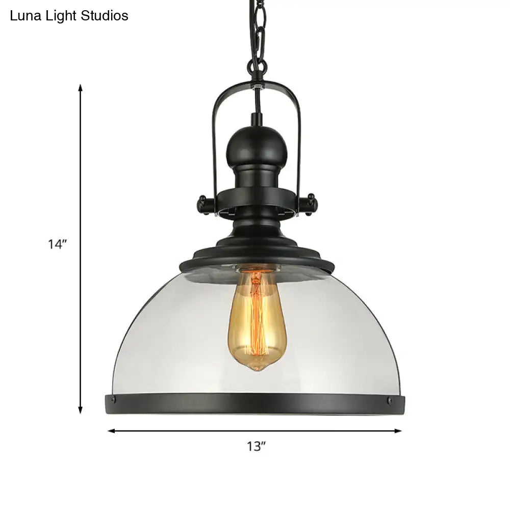 Industrial Black Glass Pendant Lamp - Single Light Hanging Lantern For Dining Room