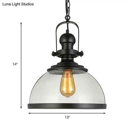 Industrial Black Glass Pendant Lamp - Single Light Hanging Lantern For Dining Room