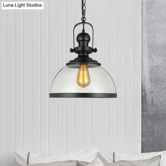 Industrial Black Glass Pendant Lamp - Single Light Hanging Lantern For Dining Room