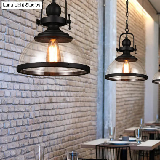 Industrial Black Glass Pendant Lamp - Single Light Hanging Lantern For Dining Room Clear