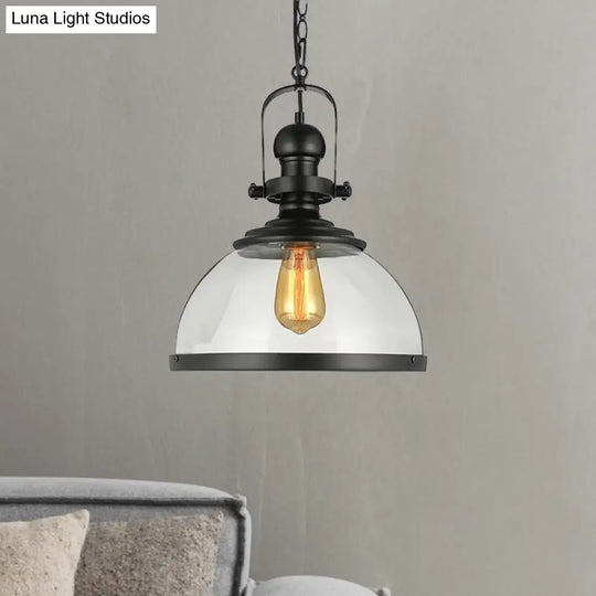 Industrial Black Glass Pendant Lamp - Single Light Hanging Lantern For Dining Room