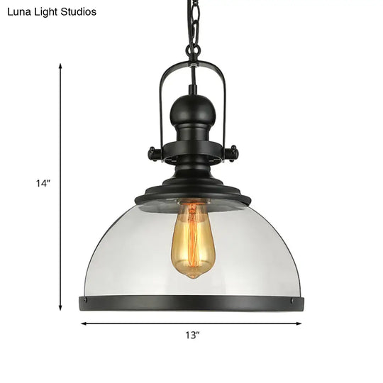 Industrial Style Single-Led Pendant Light: Black Clear Glass Lantern For Dining Room