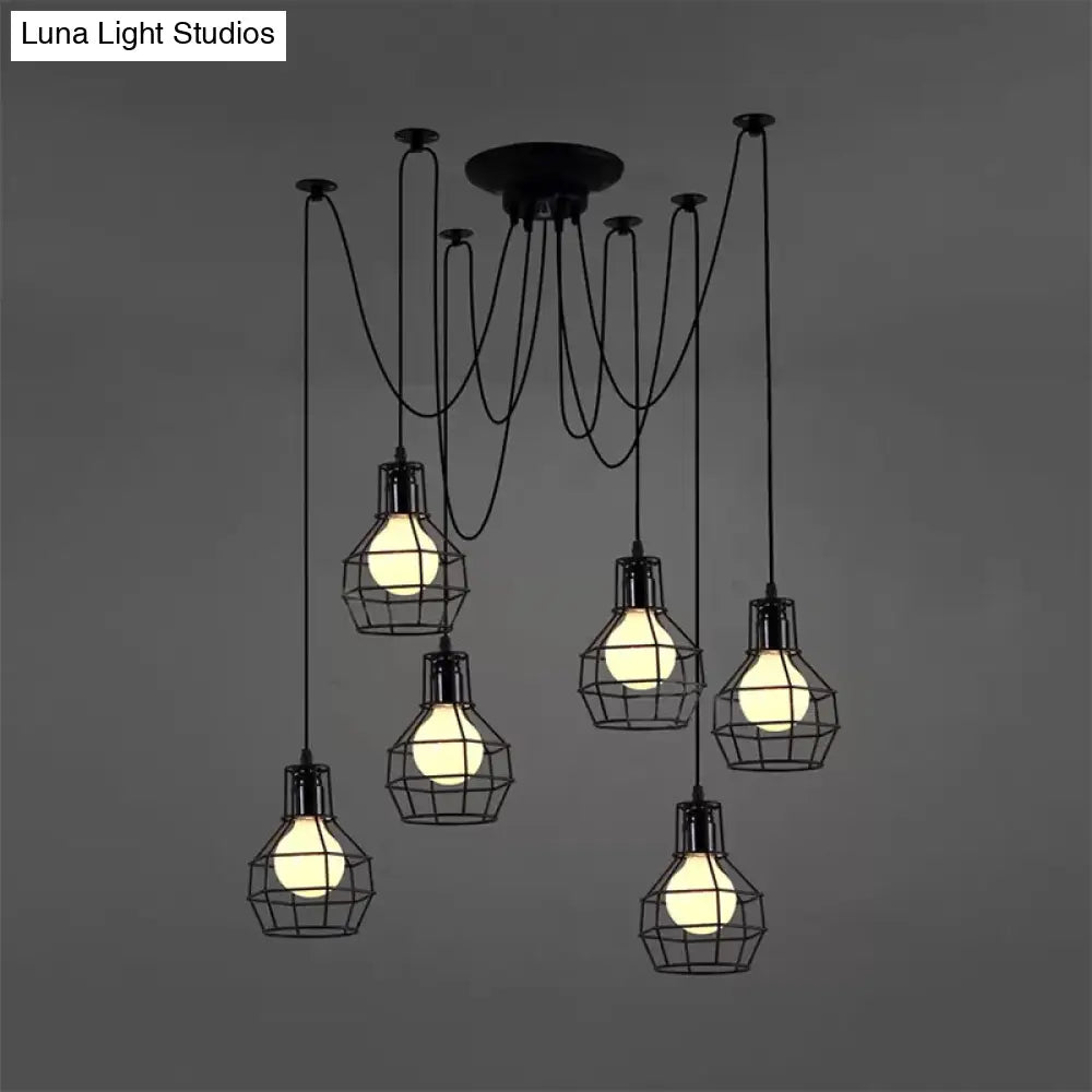 Industrial Style Spider Pendant Hanging Light - 6 Bulbs Black/Gold Iron Dining Room Ceiling Lamp