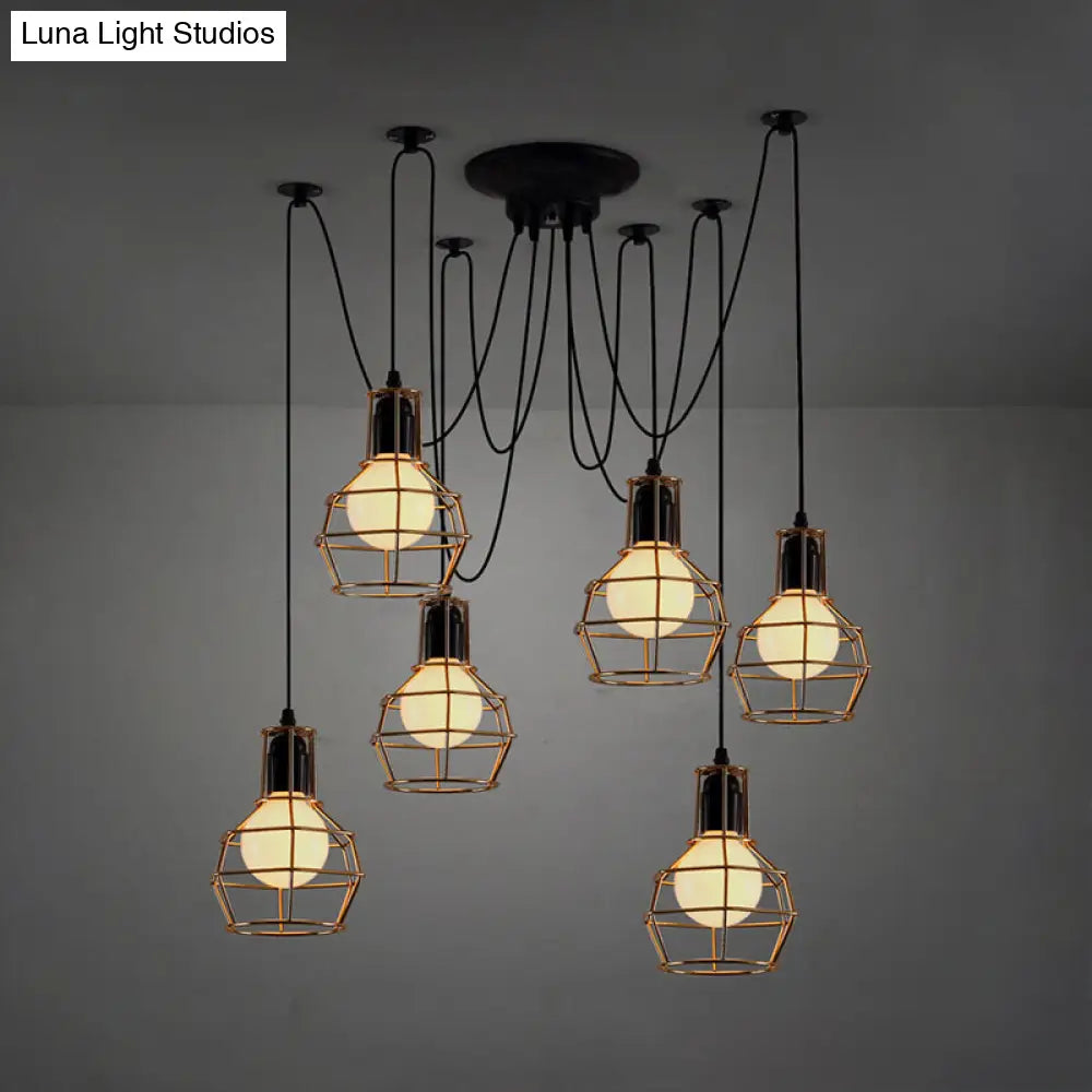 Industrial Spider Pendant Light - 6 Bulbs Black/Gold Iron Wire Guard Dining Room Ceiling Lamp Gold