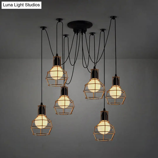 Industrial Spider Pendant Light - 6 Bulbs Black/Gold Iron Wire Guard Dining Room Ceiling Lamp Gold