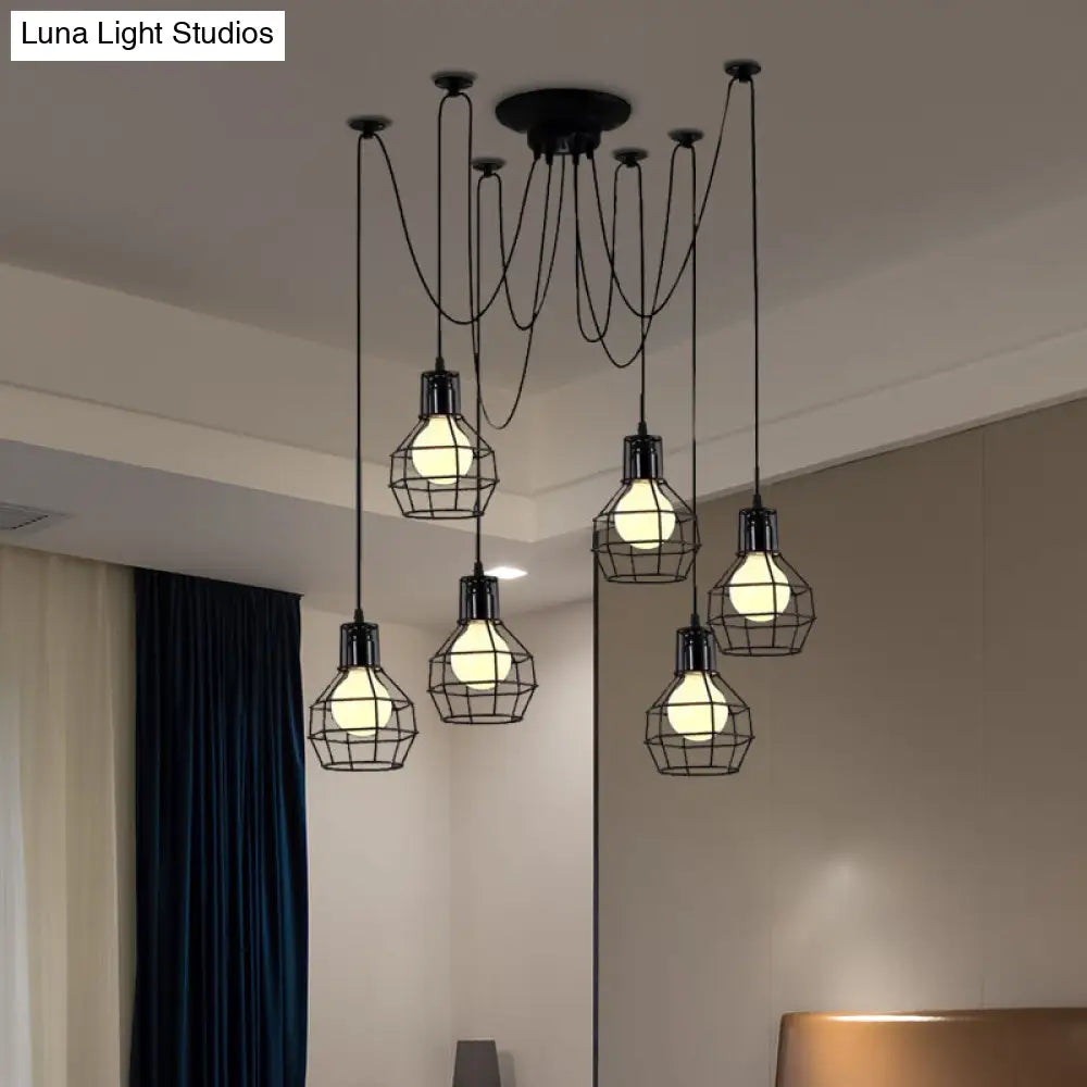 Industrial Spider Pendant Light - 6 Bulbs Black/Gold Iron Wire Guard Dining Room Ceiling Lamp