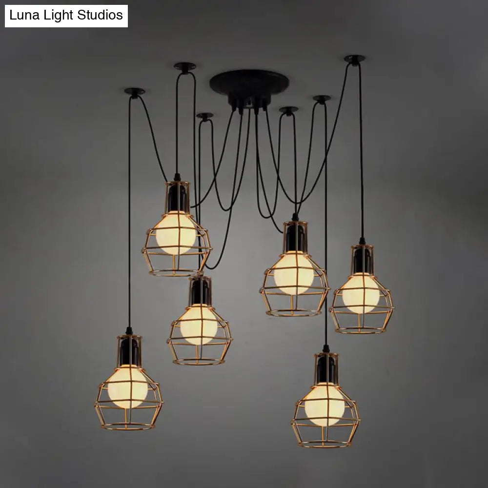 Industrial Style Spider Pendant Hanging Light - 6 Bulbs Black/Gold Iron Dining Room Ceiling Lamp