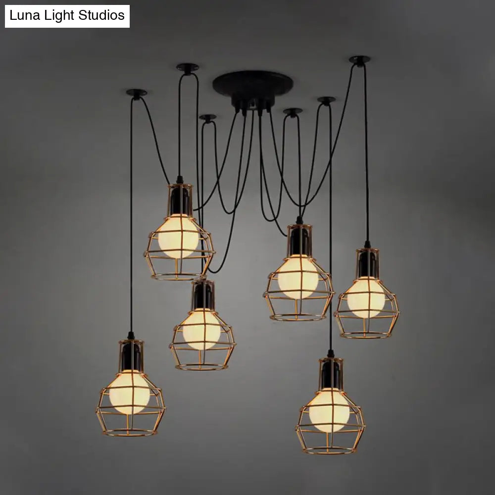 Industrial Spider Pendant Light - 6 Bulbs Black/Gold Iron Wire Guard Dining Room Ceiling Lamp