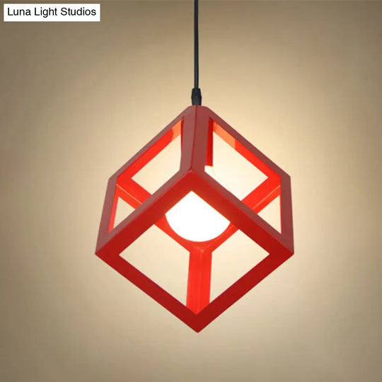 Industrial Metallic Ceiling Light With Square Cage Design - Perfect For Bar And Creative Spaces Red