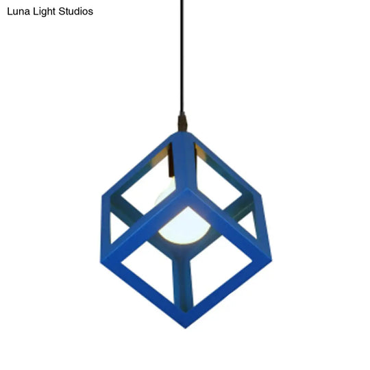 Industrial Metallic Ceiling Light With Square Cage Design - Perfect For Bar And Creative Spaces Blue