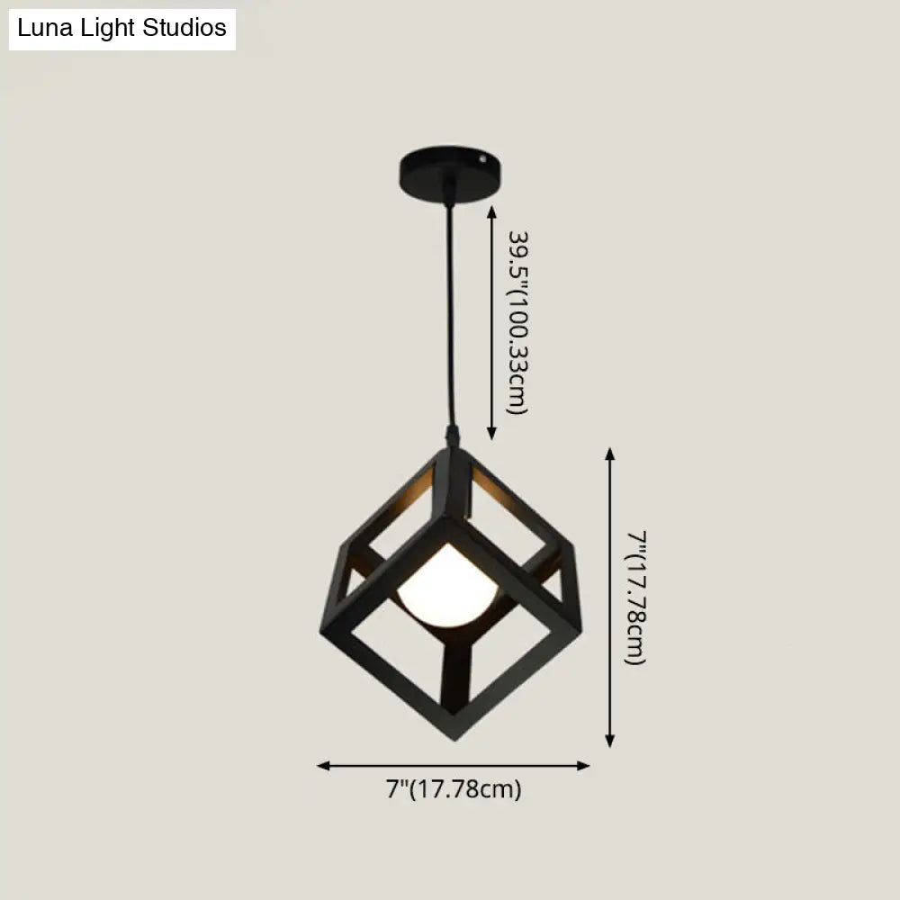 Industrial Style Square Cage Ceiling Light For Bars - Creative Metallic Hanging Fixture With 1