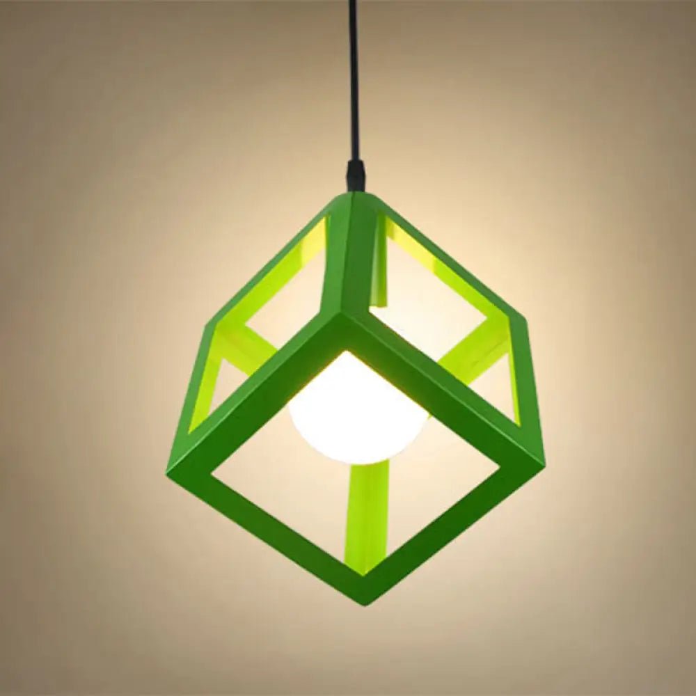 Industrial Style Square Cage Ceiling Light For Bars - Creative Metallic Hanging Fixture With 1 Green