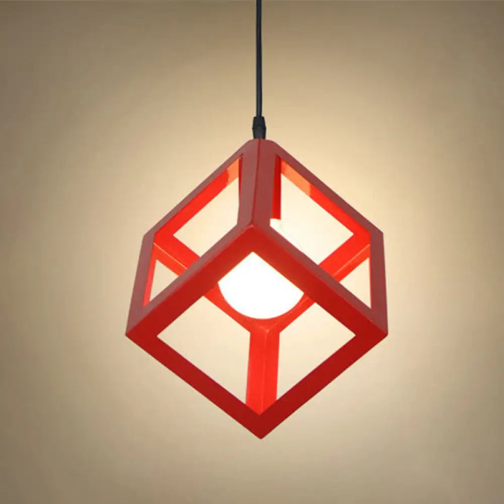 Industrial Style Square Cage Ceiling Light For Bars - Creative Metallic Hanging Fixture With 1 Red