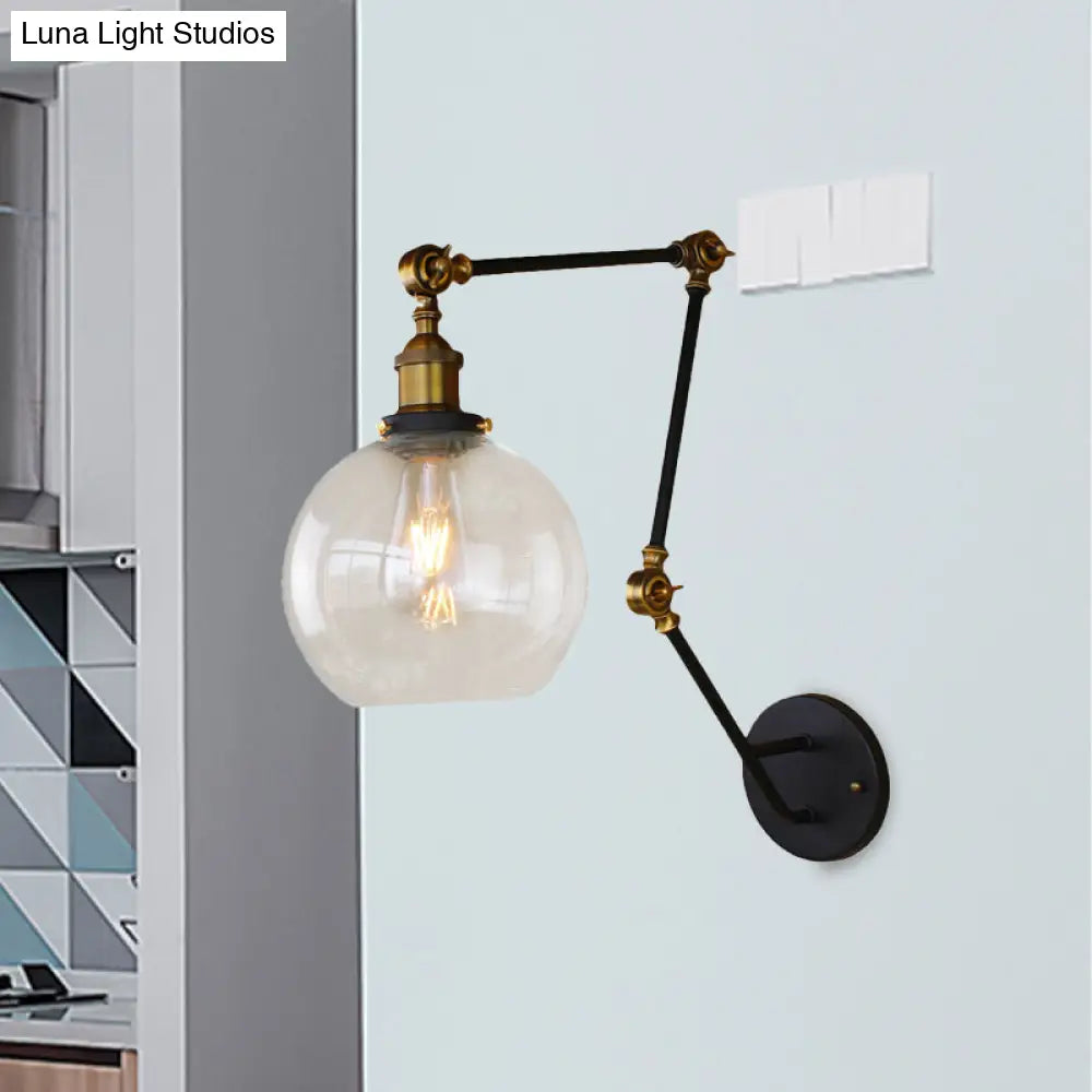 Industrial Style Swing Arm Wall Lamp With 1-Light Clear Glass Brass Sconce