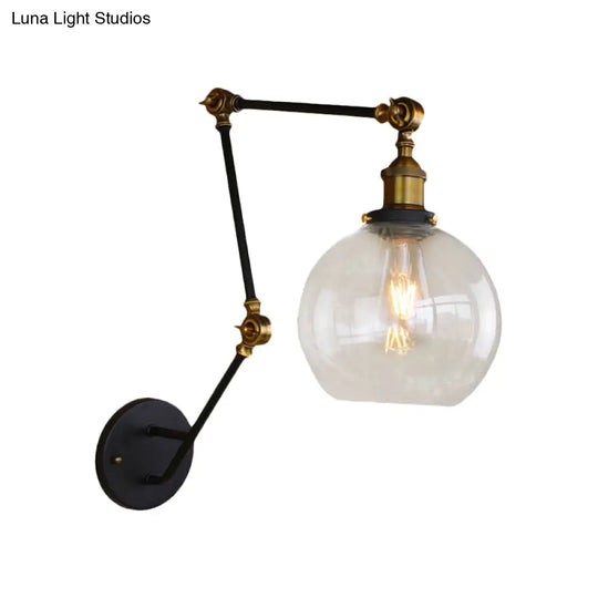 Industrial Style Swing Arm Wall Lamp With 1-Light Clear Glass Brass Sconce