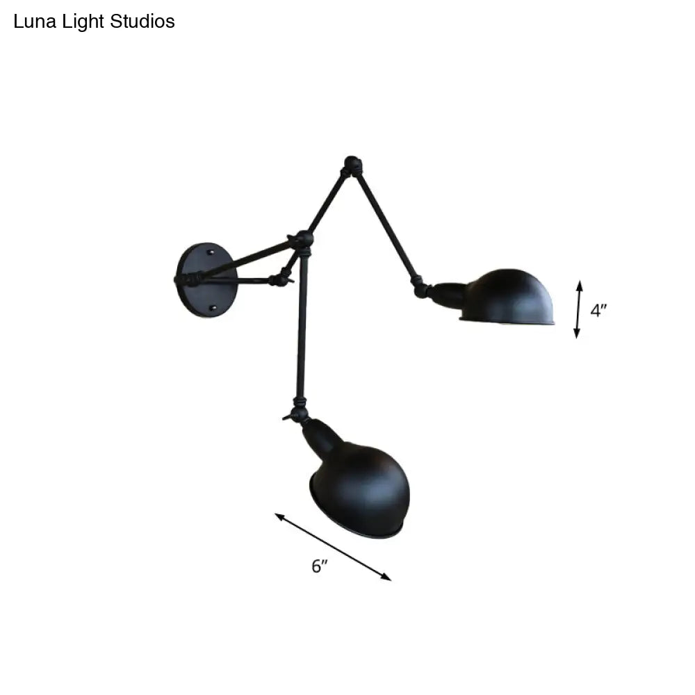 Industrial Style Swing Arm Wall Lamp With Bowl Shade - Black Sconce Lighting (2/3 Heads)