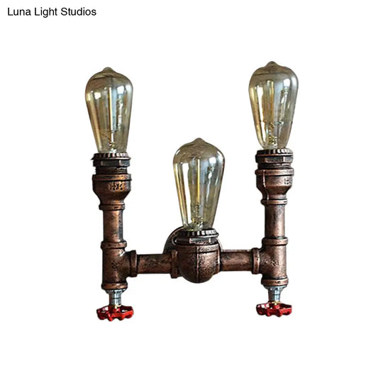 Industrial Style Wall Lamp With Bronzed Metal Finish - 3 Lights Open Bulb Gauge/Valve Decoration