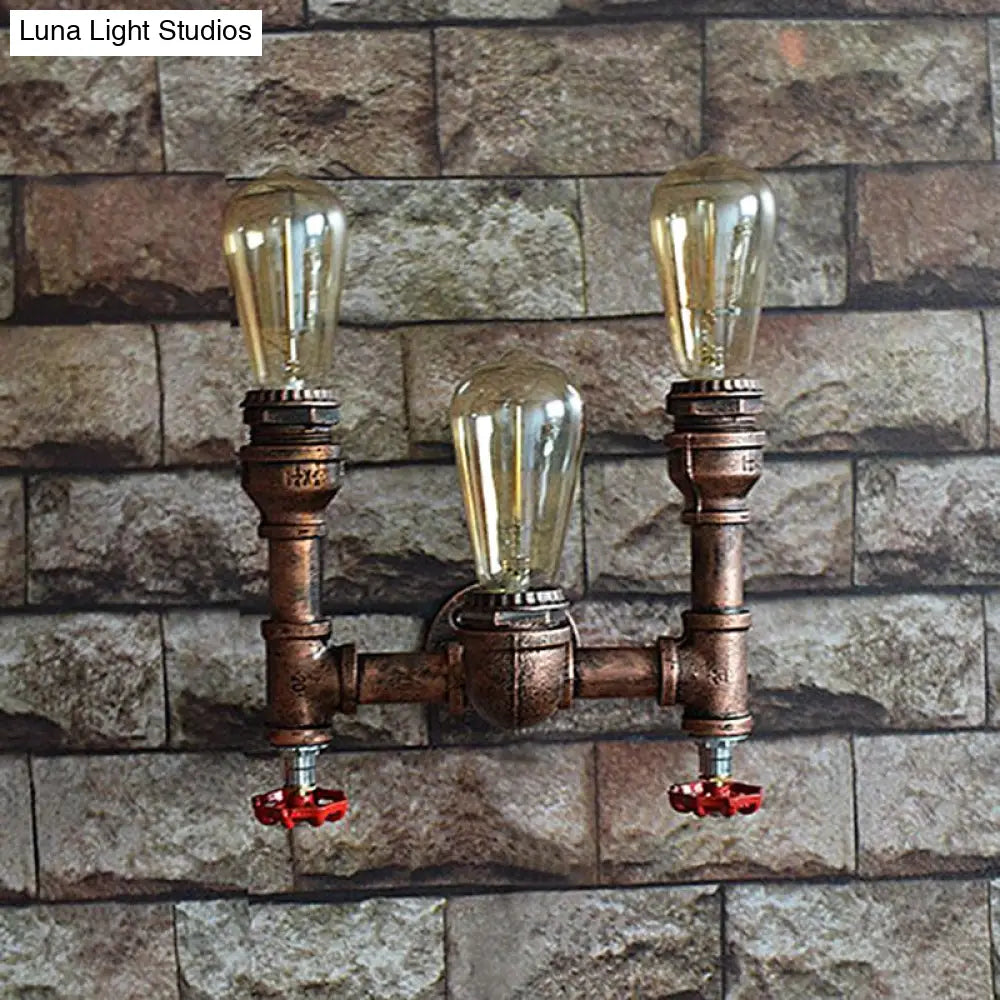 Industrial Style Wall Lamp With Bronzed Metal Finish - 3 Lights Open Bulb Gauge/Valve Decoration