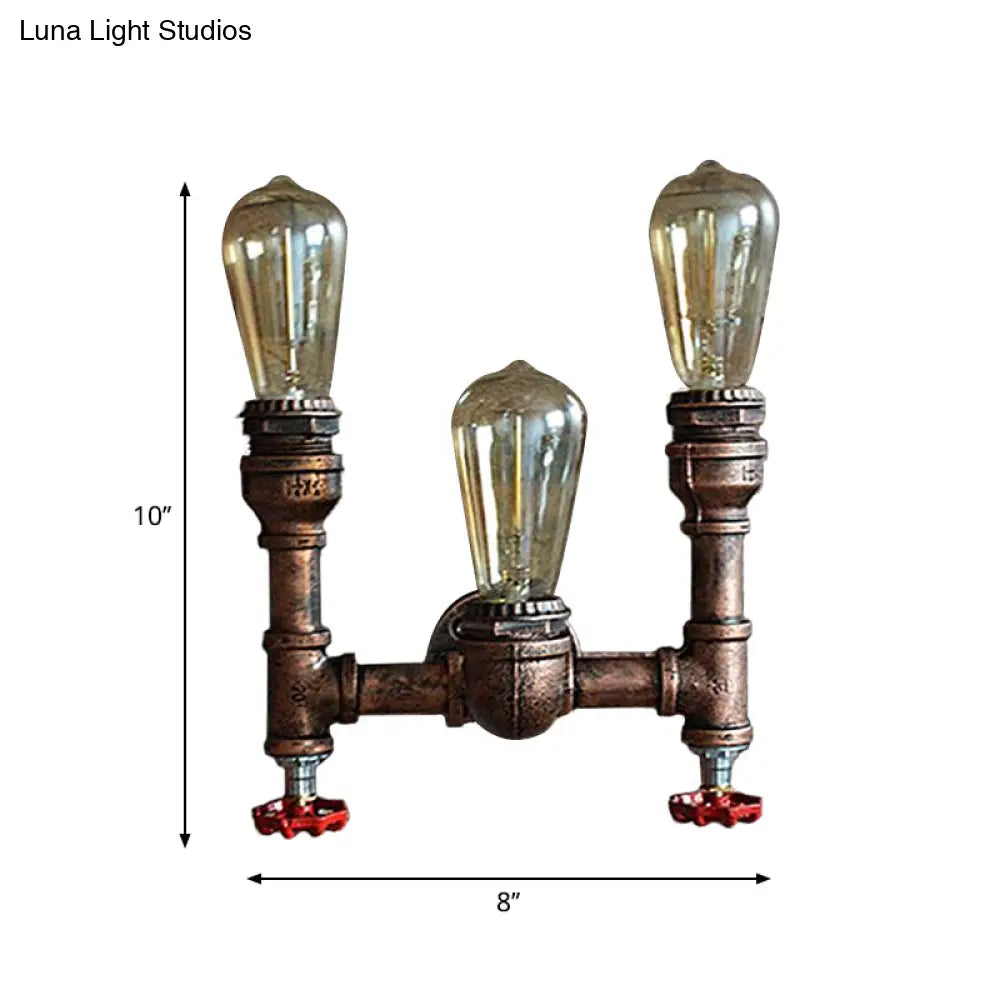 Industrial Style Wall Lamp With Bronzed Metal Finish - 3 Lights Open Bulb Gauge/Valve Decoration