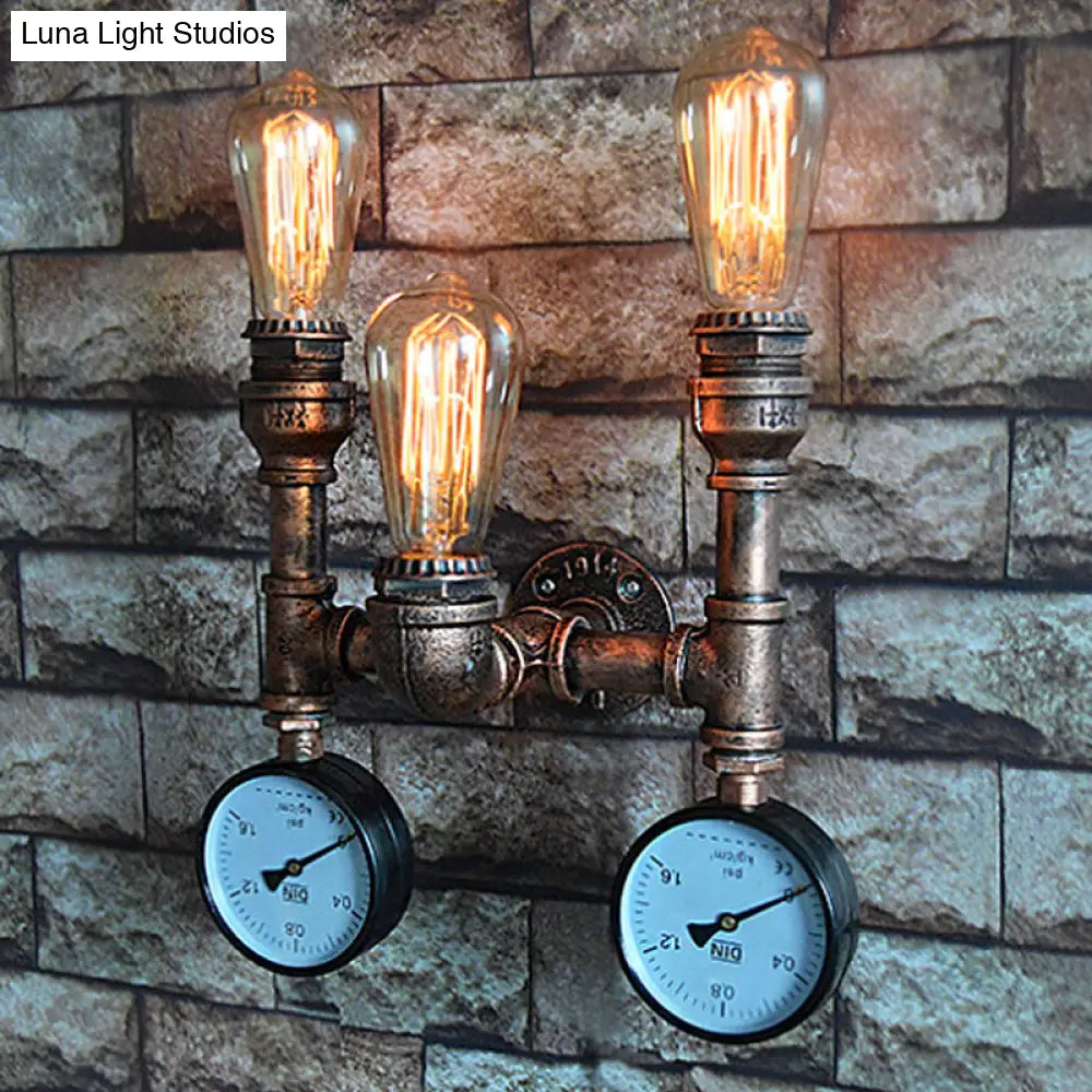 Industrial Style Wall Lamp With Bronzed Metal Finish - 3 Lights Open Bulb Gauge/Valve Decoration