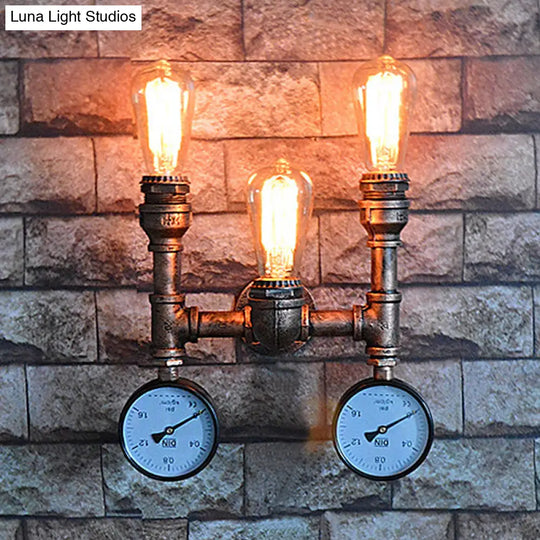 Industrial Style Wall Lamp With Bronzed Metal Finish - 3 Lights Open Bulb Gauge/Valve Decoration