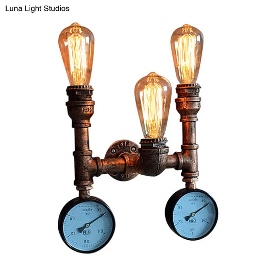 Industrial Style Wall Lamp With Bronzed Metal Finish - 3 Lights Open Bulb Gauge/Valve Decoration