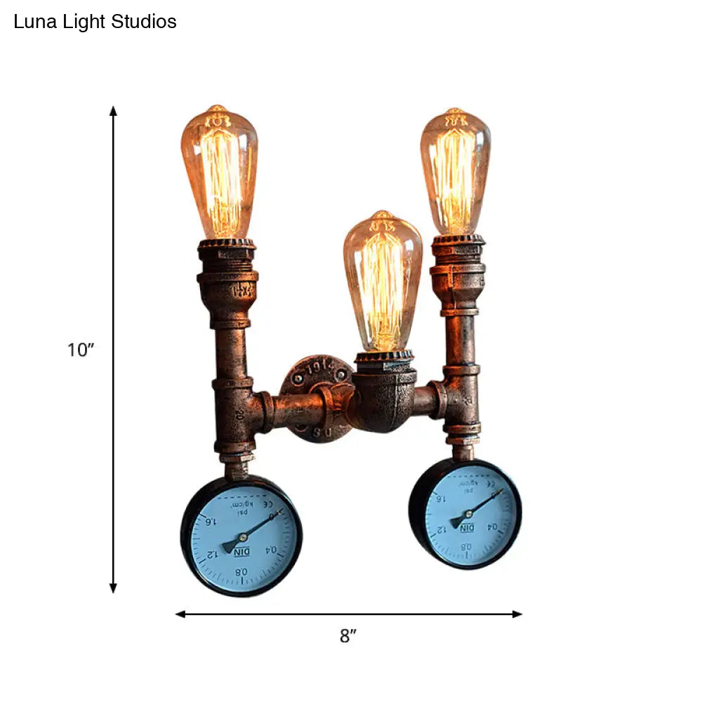 Industrial Style Wall Lamp With Bronzed Metal Finish - 3 Lights Open Bulb Gauge/Valve Decoration