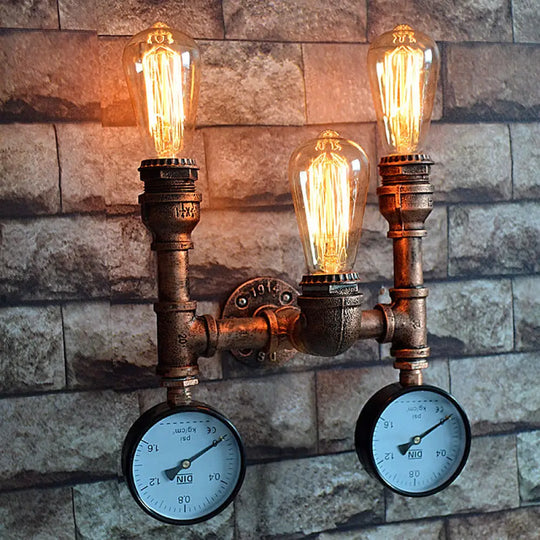 Industrial Style Wall Lamp With Bronzed Metal Finish - 3 Lights Open Bulb Gauge/Valve Decoration