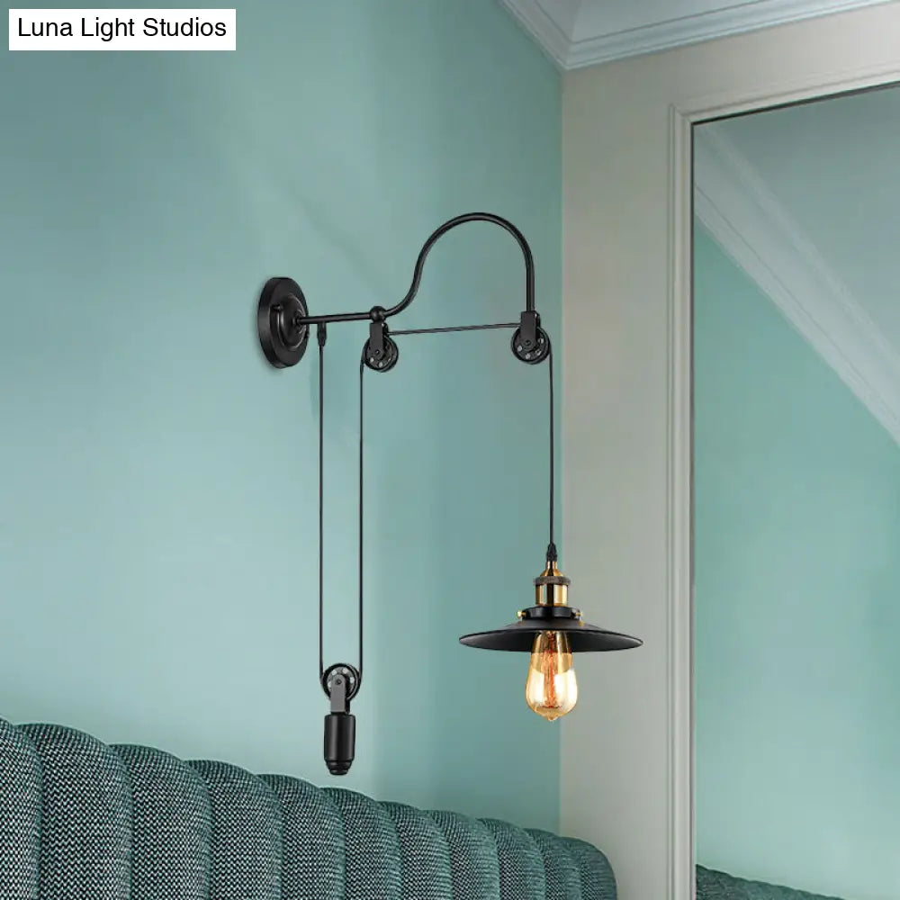 Industrial Style Wall Mounted Lamp: Adjustable Black Metallic Fixture With Pulley Design