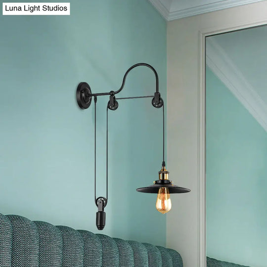 Industrial Style Wall Mounted Lamp: Adjustable Black Metallic Fixture With Pulley Design