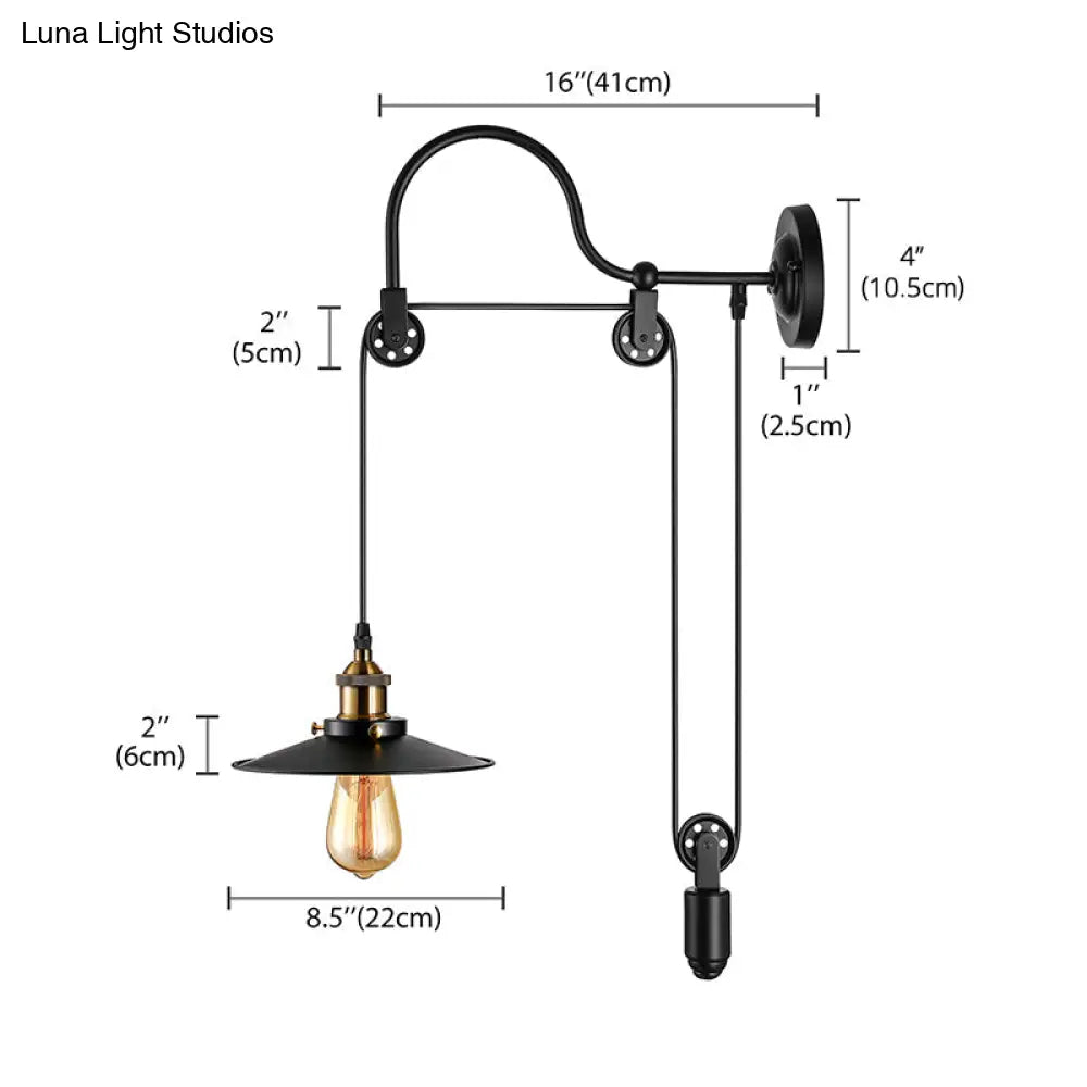 Industrial Style Wall Mounted Lamp: Adjustable Black Metallic Fixture With Pulley Design