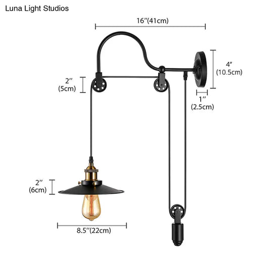 Industrial Style Wall Mounted Lamp: Adjustable Black Metallic Fixture With Pulley Design