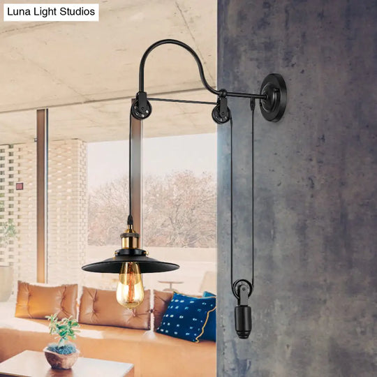 Industrial Style Wall Mounted Lamp: Adjustable Black Metallic Fixture With Pulley Design